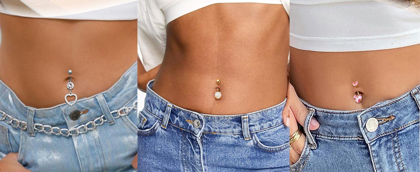 2025 Summer 6PCS Surgical Stainless Steel Dangle Pink Belly Button Rings for Women Heart Flower Cubic Zirconia Dangling Belly Button Piercing Navel Piercings Pack