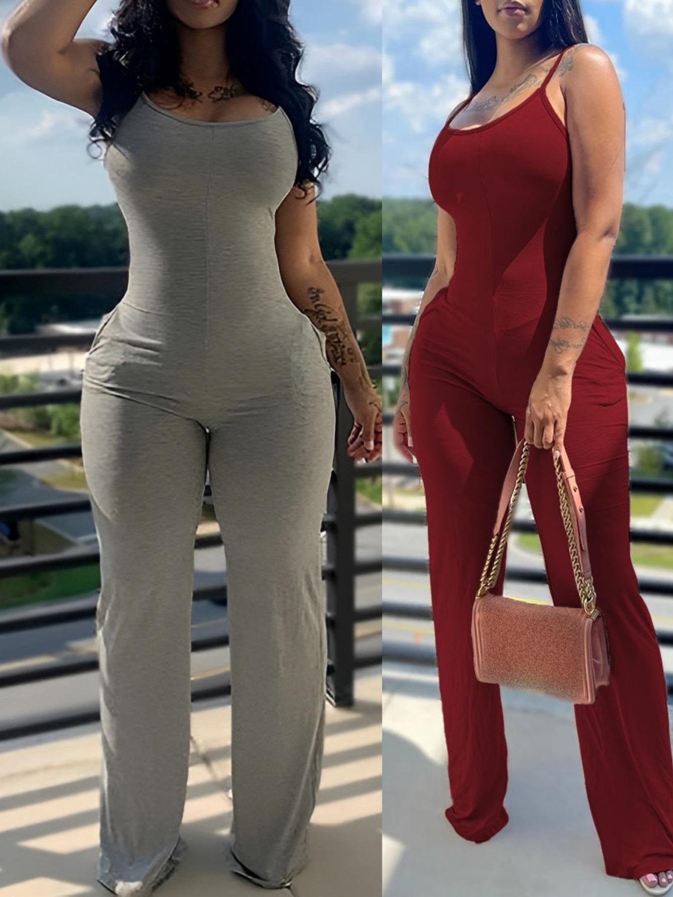 Women's Fashion Sleeveless Knit Bodycon Jumpsuit, Solid Color with Pocket Design, Tight-Fitting Casual One-Piece for Summer Women's Fashion Sleeveless Knit Bodycon Jumpsuit, Solid Color with Pocket Design, Tight-Fitting Casual One-Piece for Summer