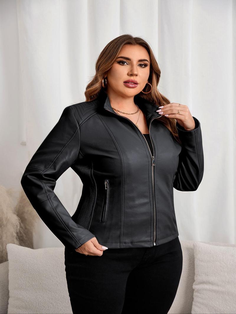 Women's PU Leather Motorcycle Jacket, Casual Fitted Design, All-Season Wear, Perfect for Commuting & Street Style