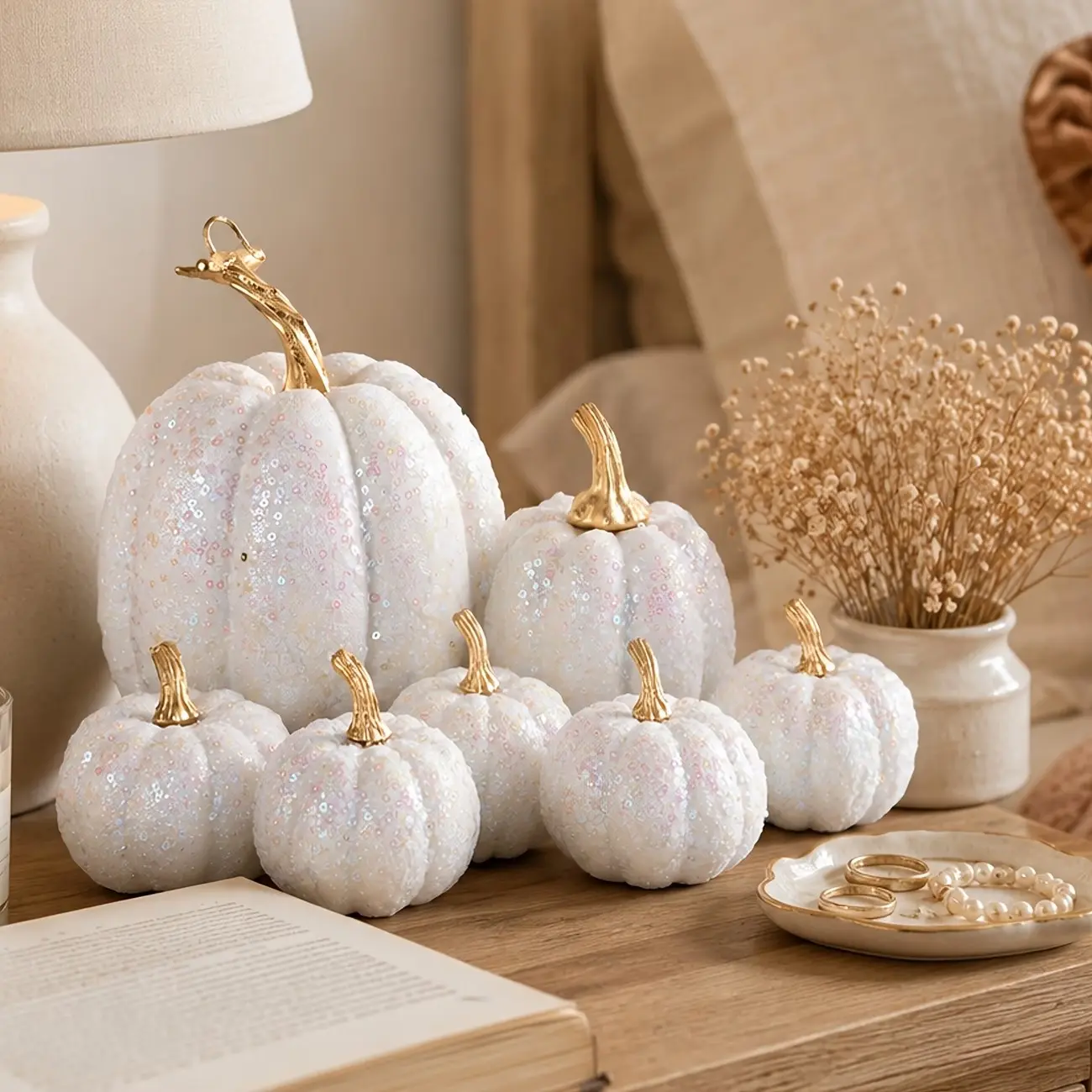 7-Pack Fall Decorative Glitter Fake Pumpkins, Multi-Size Set, Stems, Thanksgiving Halloween Desktop Fireplace Ornaments
