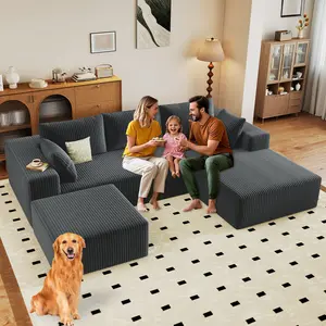 96" U-Shaped Modular Boneless Sectional Sofa, Memory Foam Cloud Couch with Double Chaise and Movable Ottoman, Deep Seat Corduroy Sleeper Sofa, No Assembly Required