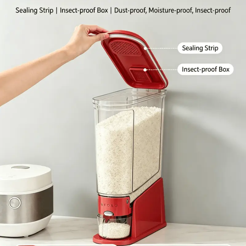 Airtight Seal Rice Storage Container, 22 Lbs Large-Capacity Narrow Form Compact Shape Bin, Food-Grade Material, Insect-Resistant, Moisture-Proof, 1-Touch Op, Space-Saving Kitchen Organizer for Grains & Beans