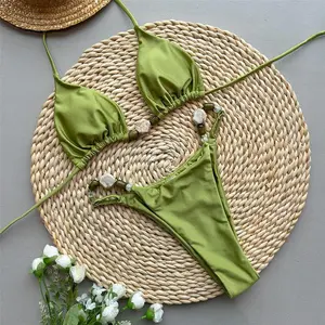Solid Green Swimwears Sexy Halter Triangle Bead String Bikini Mini Micro Thong Swimsuit Woman 2026 Summer Brazilian Bikinis SetsBeach photography