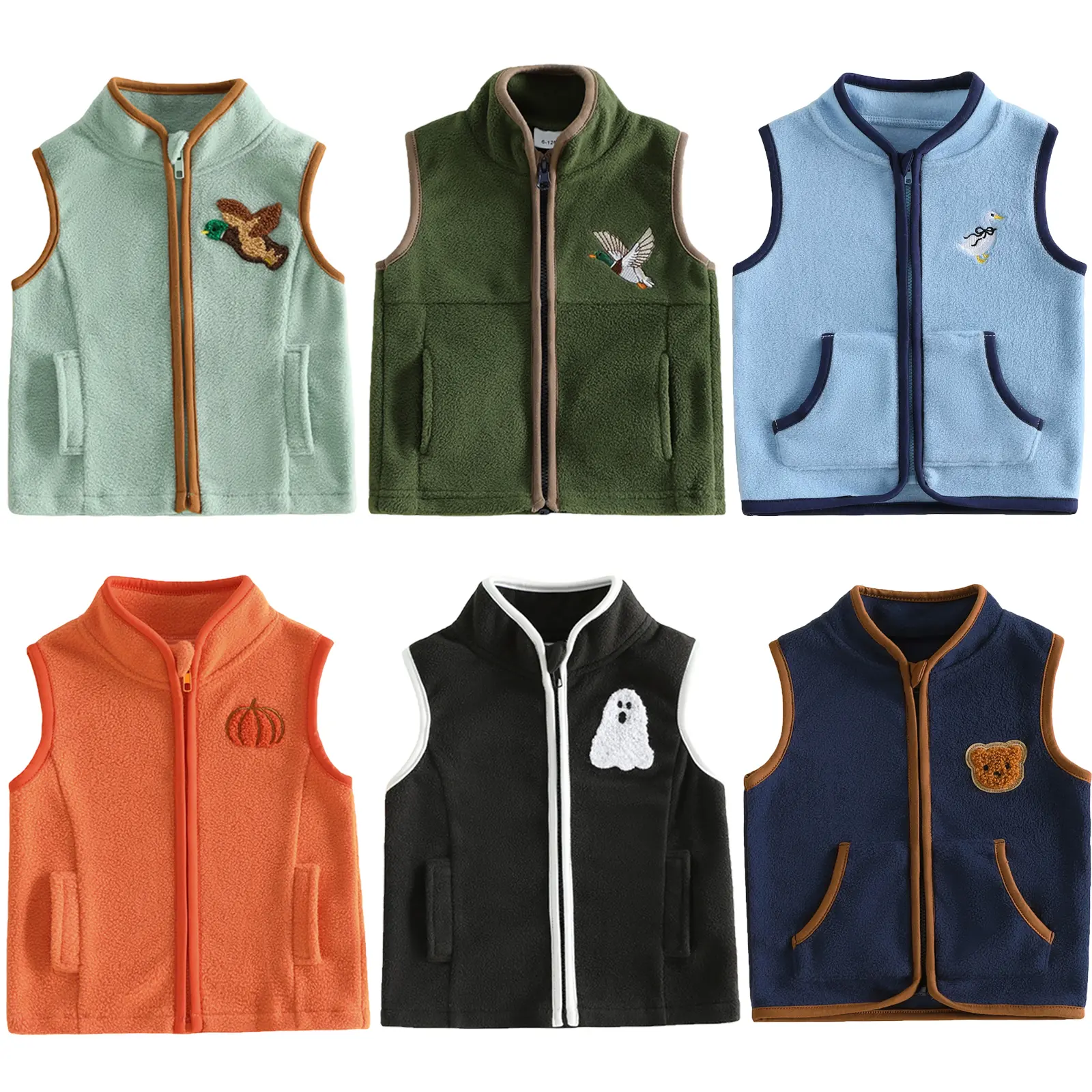 Babamoon Boys' Polyester Fleece Vest Jacket, Halloween Embroidered Mallard Duck/Pumpkin/Ghost Design, Zippered Fall Winter Outerwear for Toddlers (6M-4T)