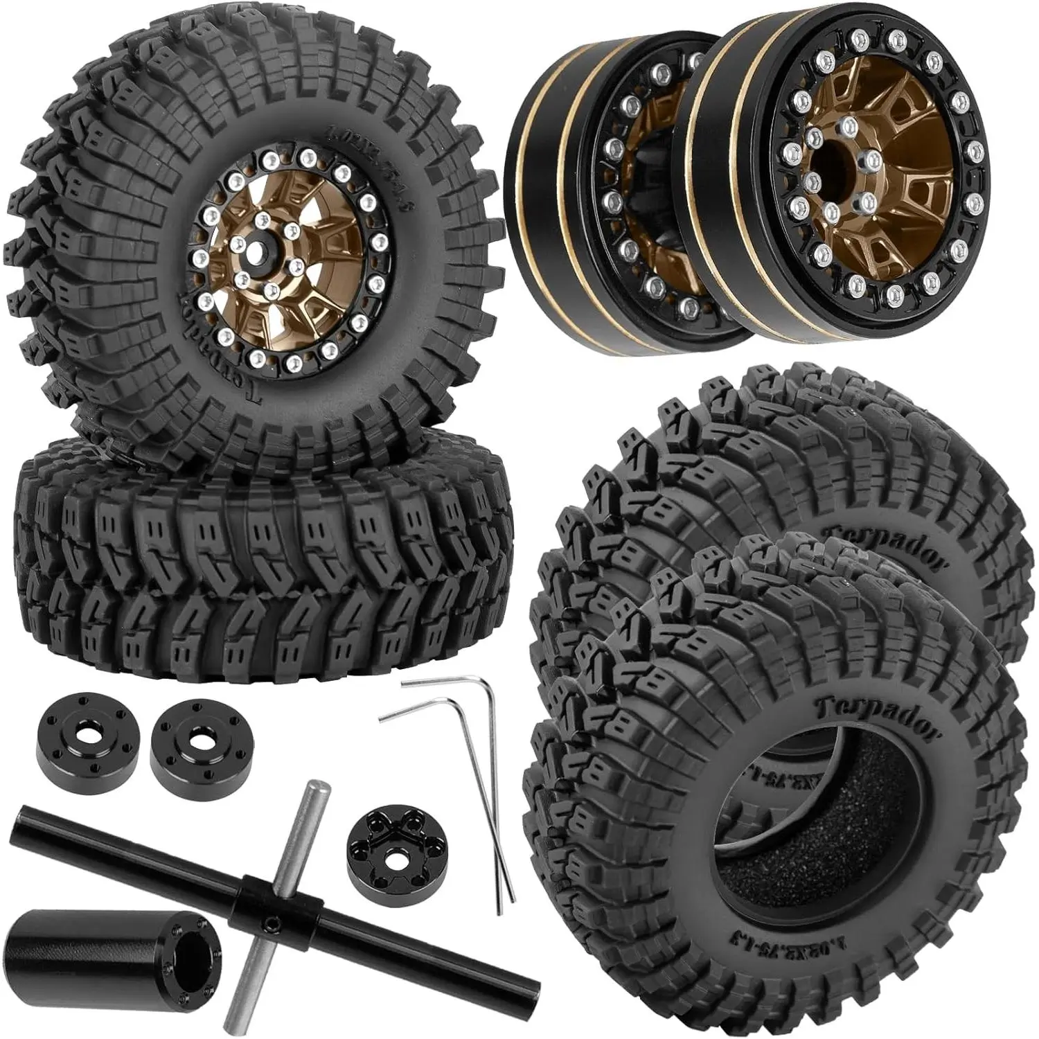 1.3 Beadlock Wheels and Tires Single & Dually for 1/18 TRX4M Ascent-18, 1/24 SCX24 FCX24 RC Crawler Car, Aluminium & Brass 1.3 Rims w/All Terrain Rubber Tire, 4pcs, Brown w/Black