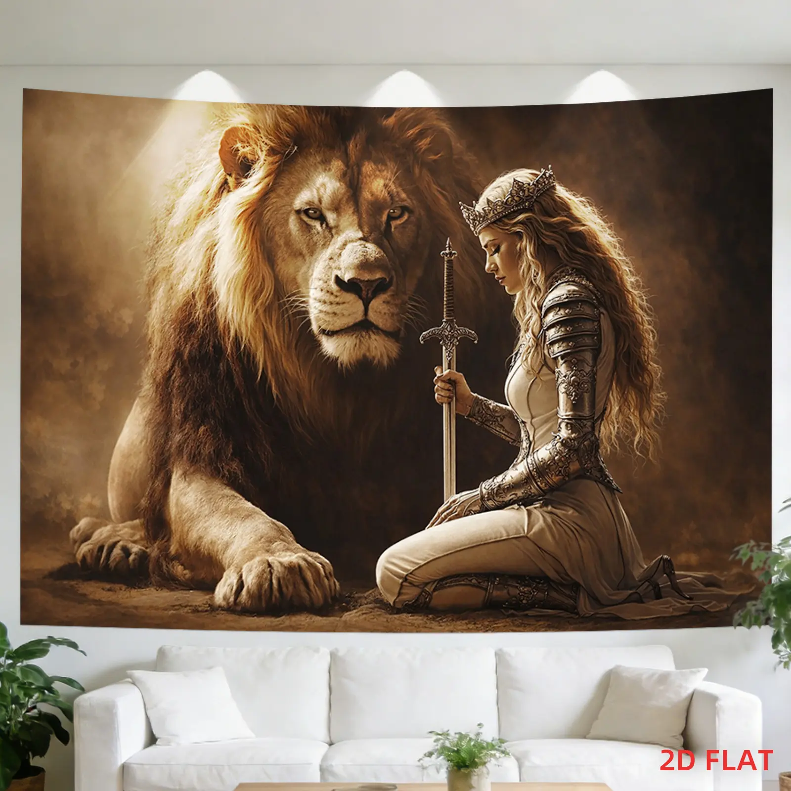 2D Flat - 2D Flat - [2D Plane Printing] Large Size/Small Size Pattern Printed Tapestry - Renaissance Woman, Sword, Lion, Regal, Armor, Room Wall Decoration, Non-Luminous, Suitable for Living Room, Meditation, Office, Party Decor
