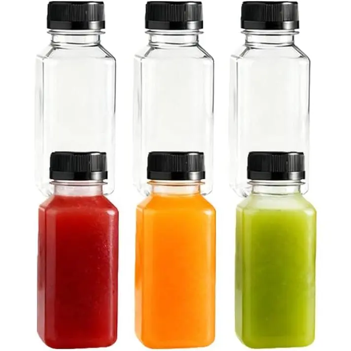 6 count 8 OZ Plastic Juice Bottle with Black ,  Bulk Beverage Containers Leak Proof, Clear Juice Containers with Caps for Juicing, Smoothies, Milk and Other Beverages