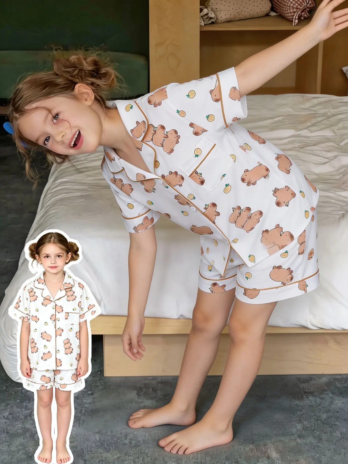 2-Piece Kids' Sleepwear Set, Cartoon Pattern Pajamas, with Orange Capybara Print on White Base - Short Sleeve and Shorts in Soft Fabric, Featuring Small Pocket, Turned-Down Collar, Elasticated Waistband for Daily and Home Comfort