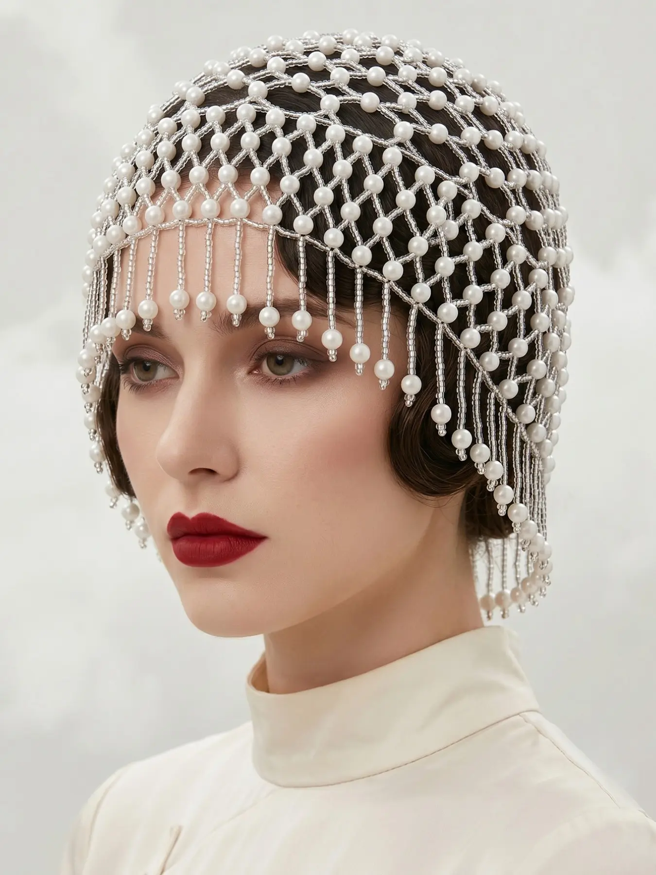 Vintage Artificial Pearl Fringe Net Headband, Handwoven Elegant Bridal Ball Gown Accessory, Essential Party Photography Prop