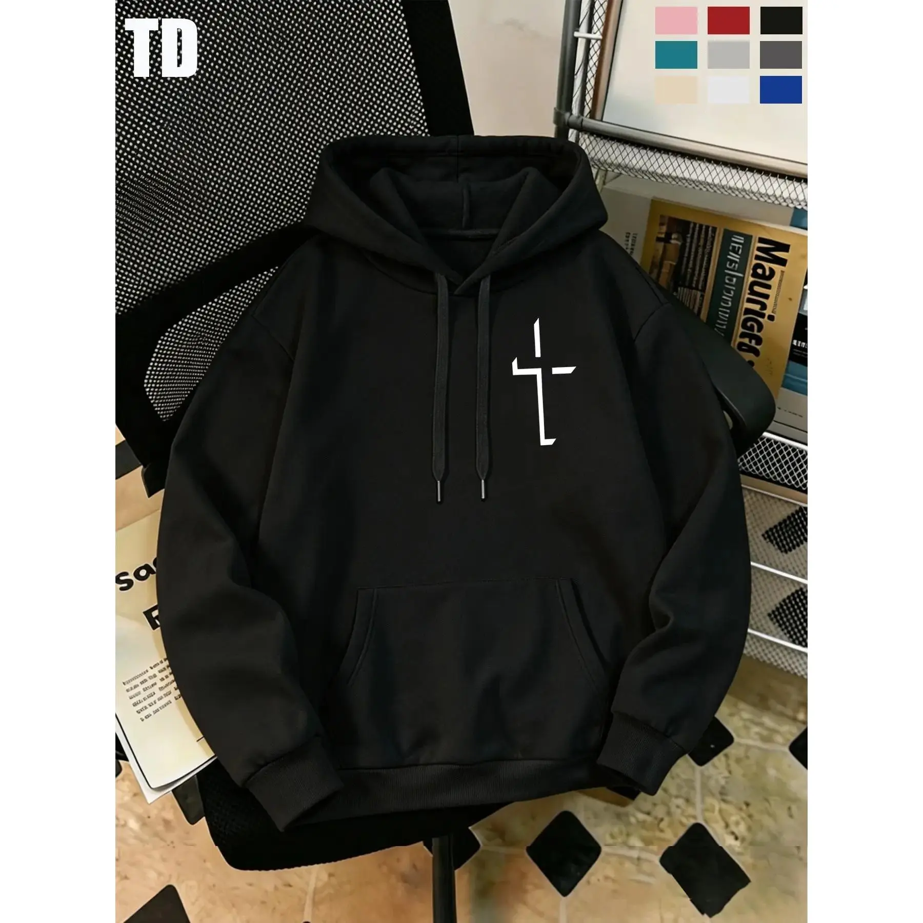 Unisex Soft Fleece Streetwear Hoodie Sweatshirts - Minimal Cross Print, Crew Neck, Lightweight Everyday Top, Fall-Winter Sports Outerwear, Domestic Daily Pullover, 4 Colors (Pairs with Cargo Pants/Tees)