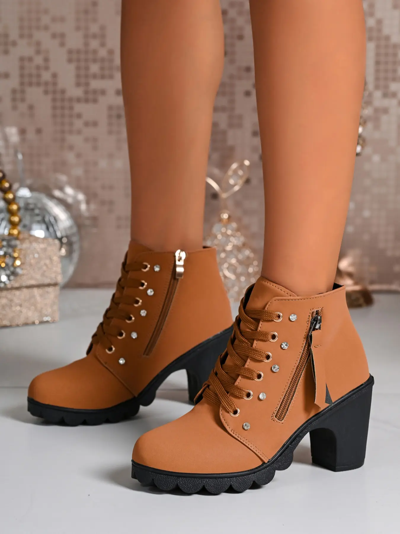 Women's Thick Sole Chunky Heel Bare Boots, Side Zip Tie High Heel Boots, Fall Winter Casual Fashion Shoes, Solid Color PU Leather Boots