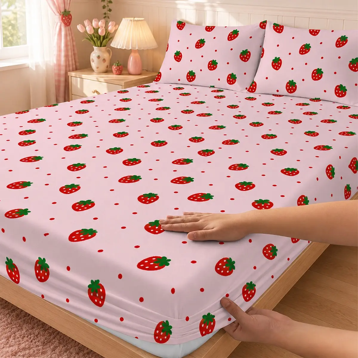 3pcs fitted sheet set features a girly pink strawberry print. Made of breathable polyester, it's suitable for all seasons, machine washable, and perfect for bedrooms, guest rooms, and master suites. It includes one fitted sheet and two pillowcases.