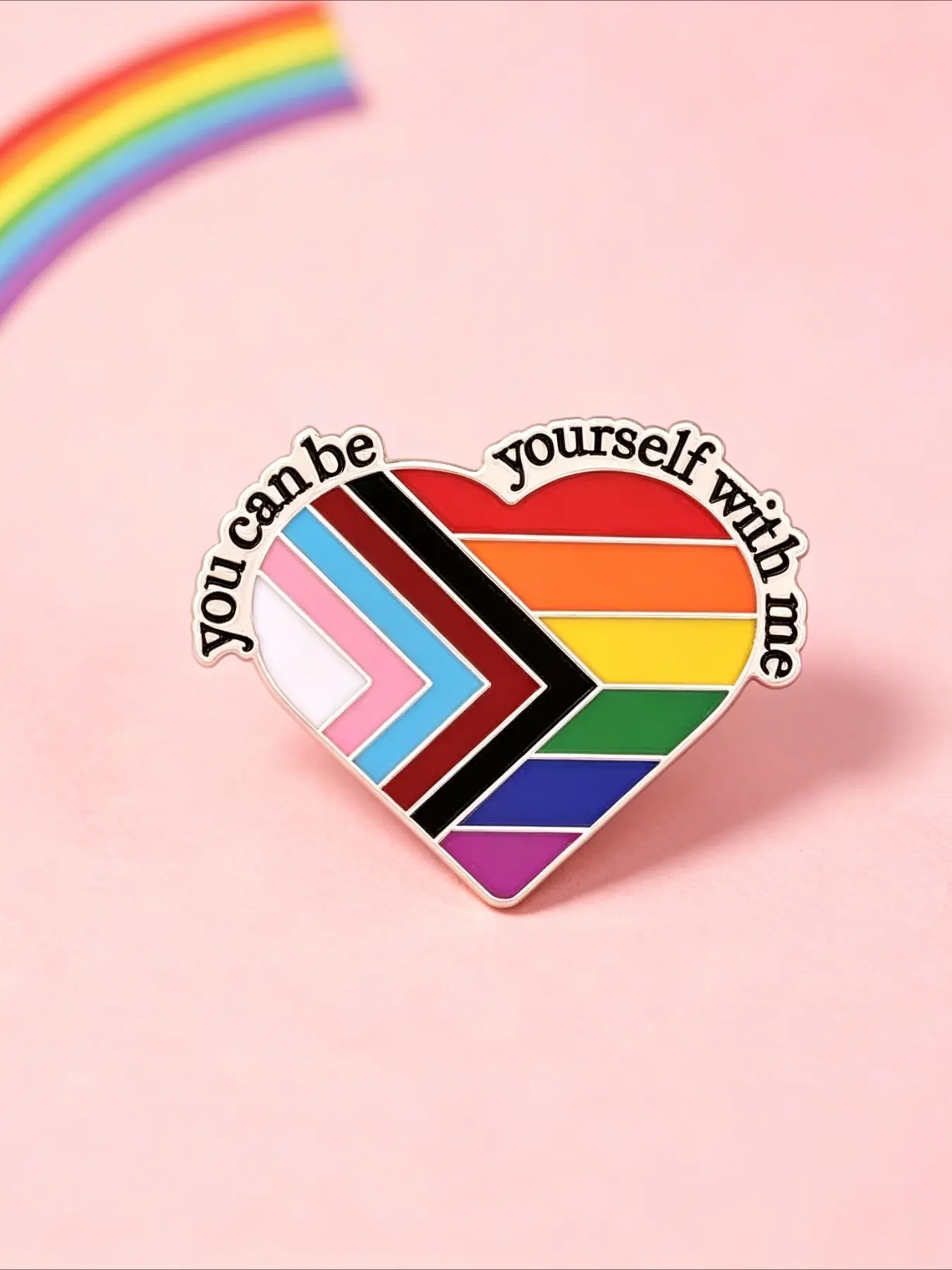 "You Can Be Yourself With Me" Progress Pride Heart Enamel Pin, LGBTQ+ Safe Space Lapel Brooch, Inclusive Statement Badge for Jackets Backpacks,, Ideal Gift for Pride Month & LGBTQ+ Community