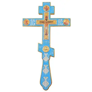 Gold Plated Orthodox Blessing Cross, Light Blue Enamel Handheld Priest Crucifix with Jesus Icon and Rhinestones, Eastern Russian Orthodox Cross for Church Rituals and Blessings