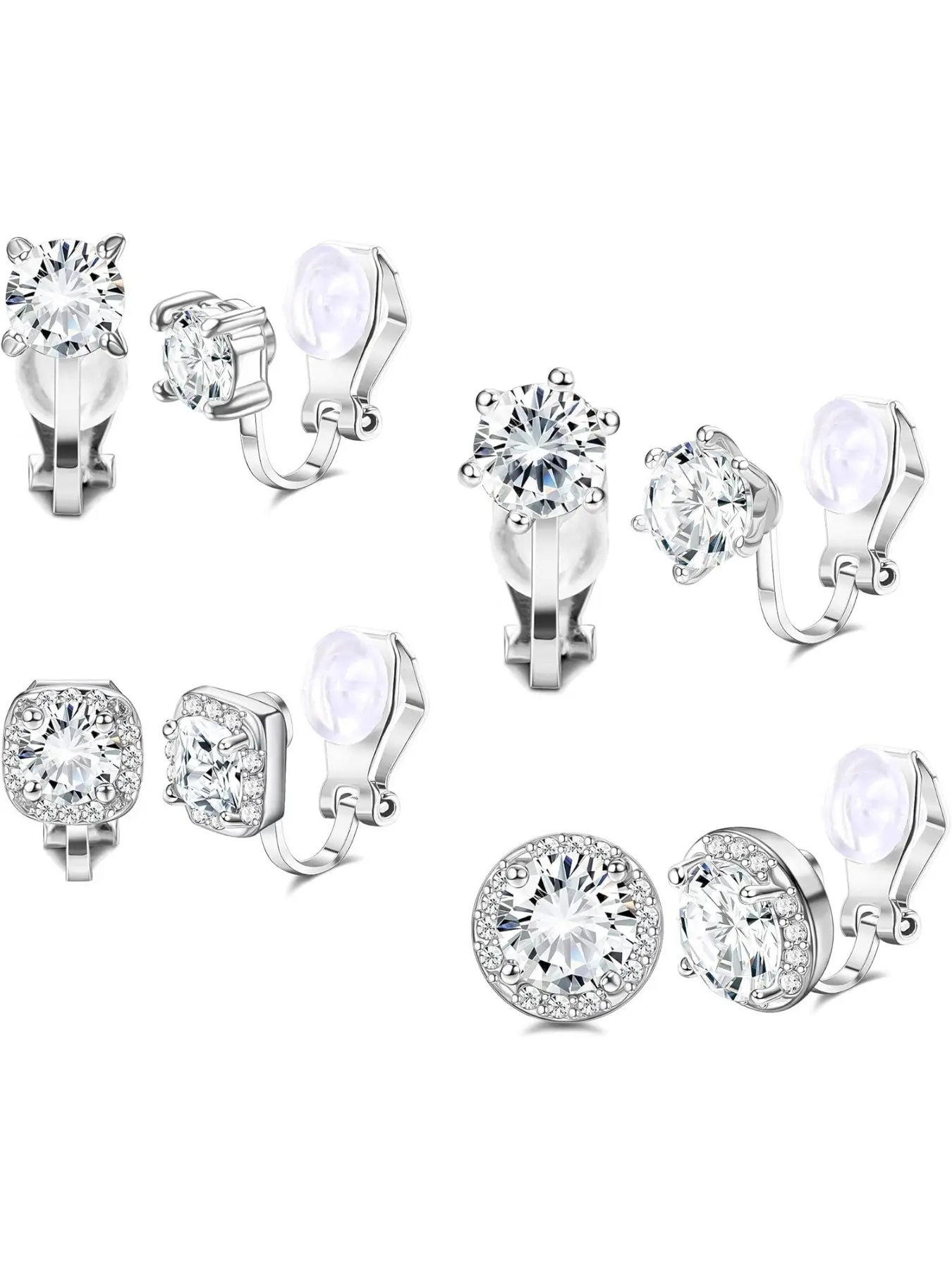 Cubic Zirconia Clip on Earrings - Women Hypoallergenic Comfortable Non Pierced Stud Earrings for Wedding and Dance Competitions, Clip-on Earrings Silver, CZ Earrings
