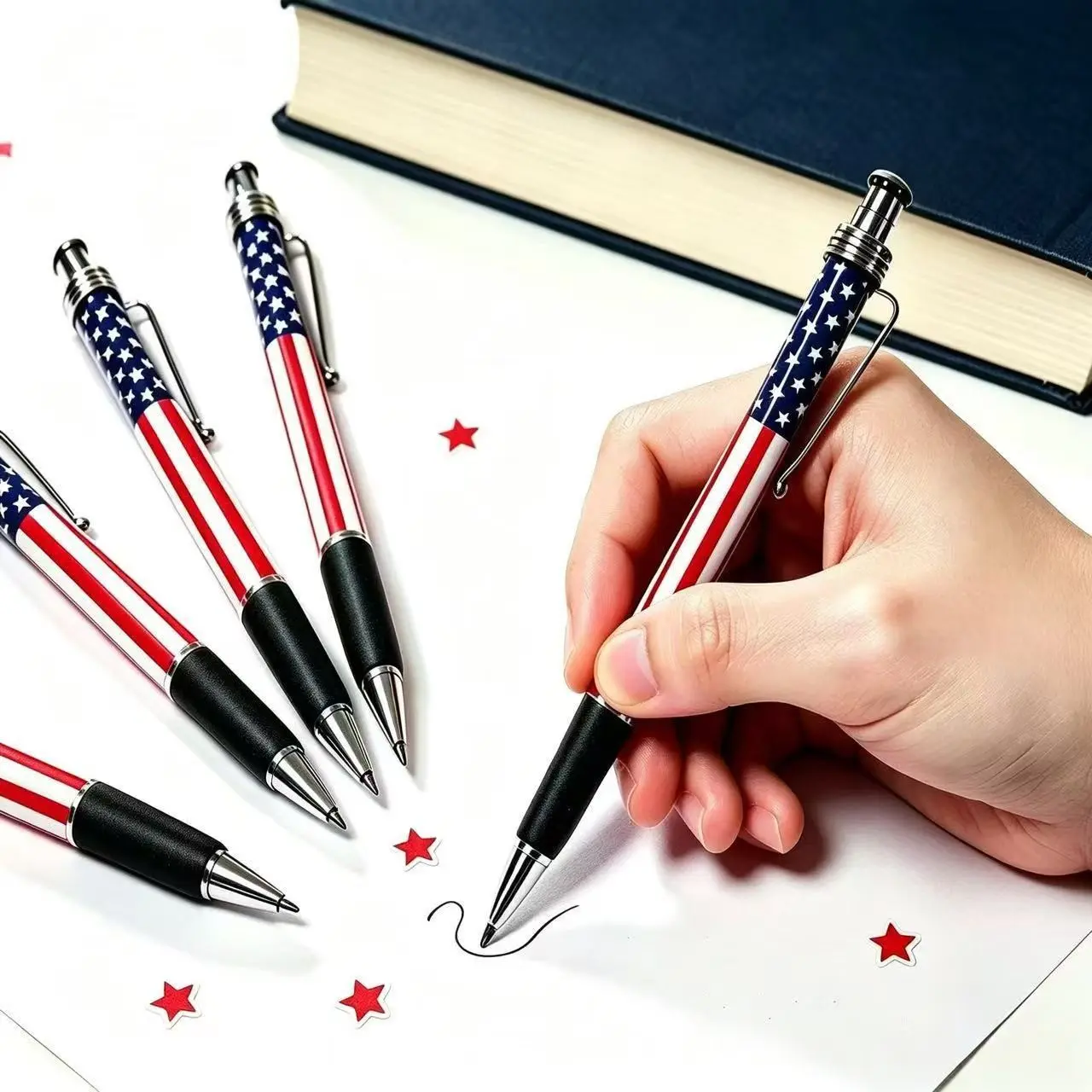 6-Pack Patriotic American Flag Retractable Gel Pens, Independence Day Theme, Blue Stripes Star Design, Durable Plastic Ballpoint Pens