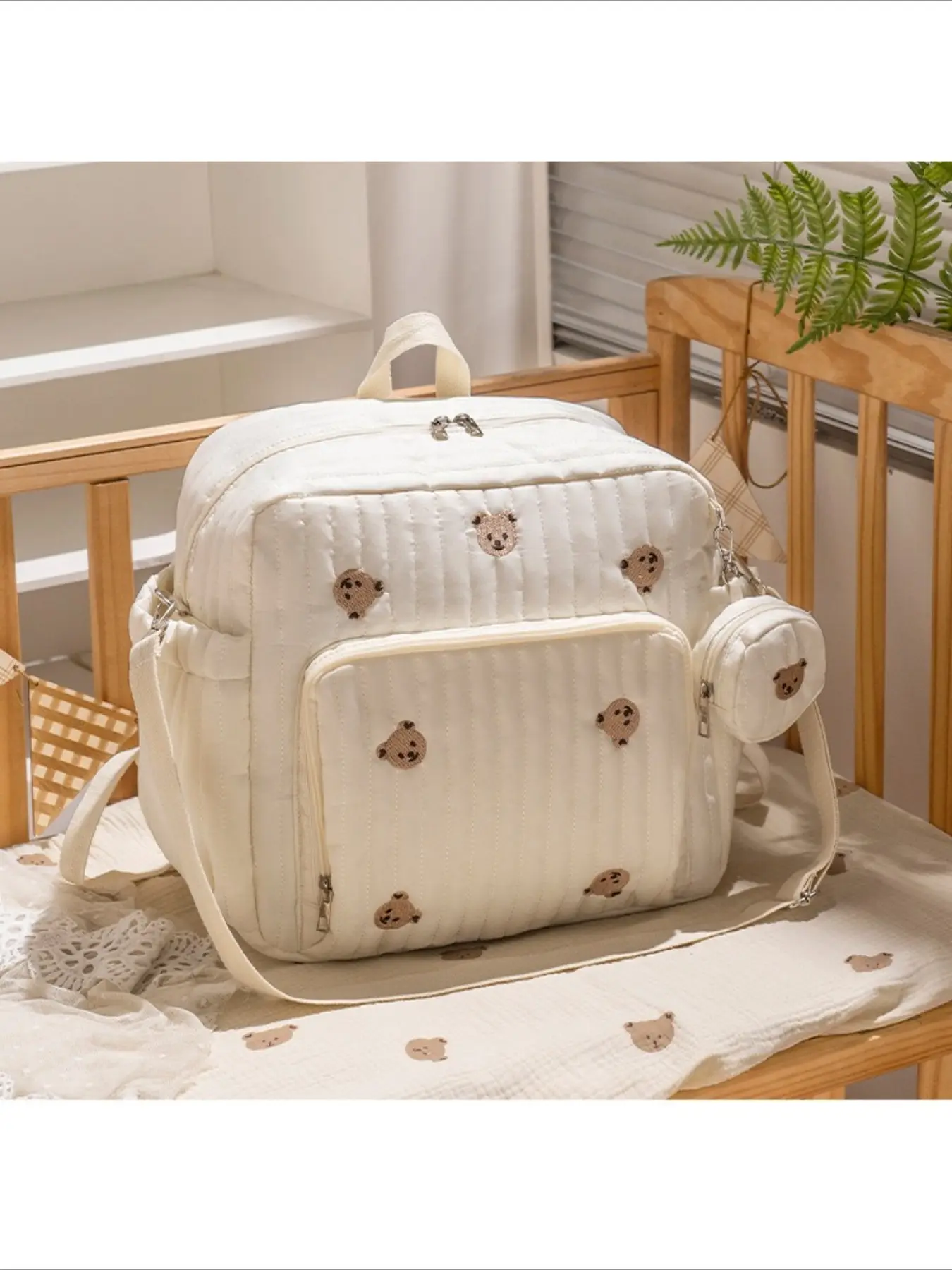 Cute Quilted Multifunctional Diaper Backpack for Mom, Diaper Bags, Embroidery Bear Rabbit Floral Pattern, Multi-Function Baby Nappy Bag, Adjustable Strap, Large Capacity