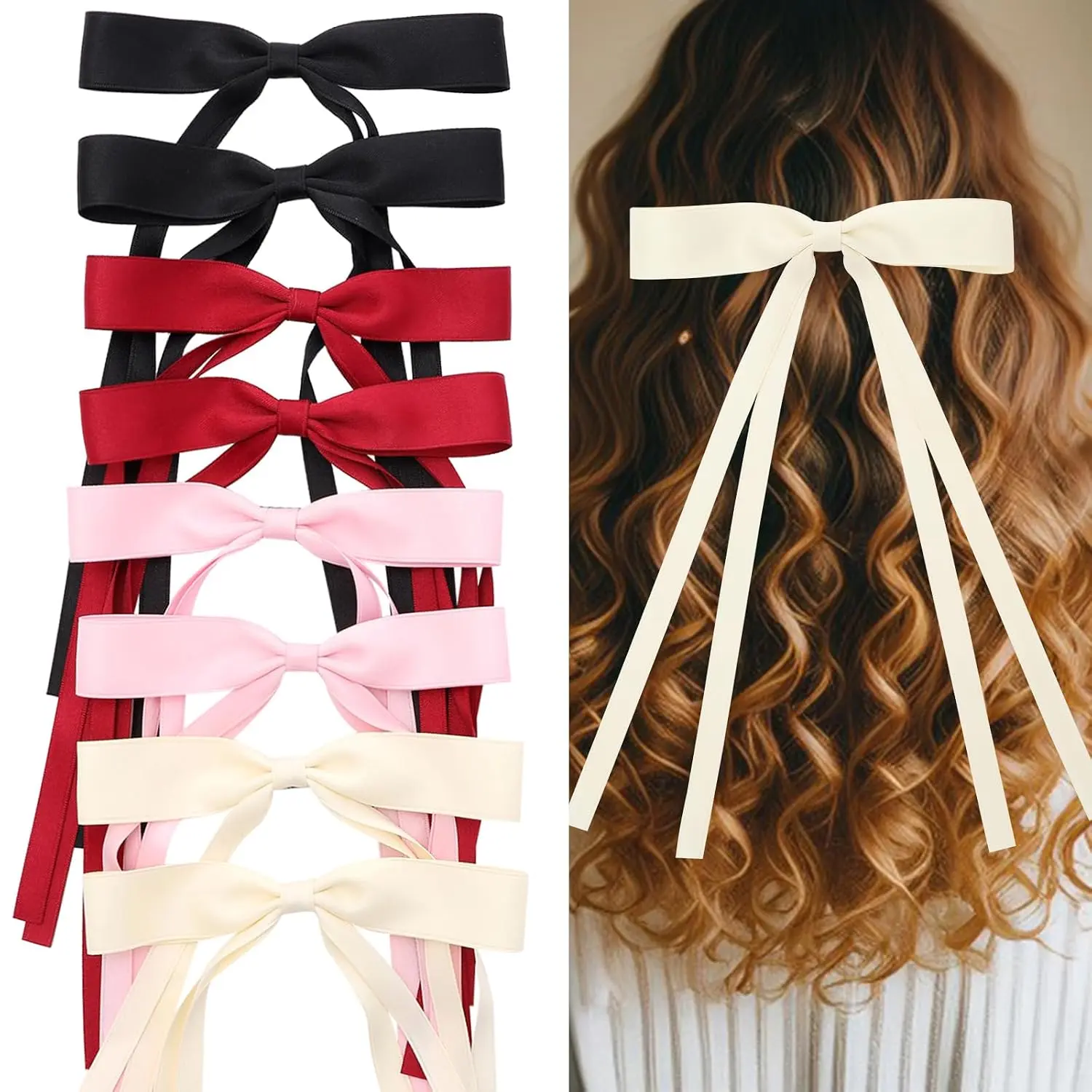 Hair Bows for Women,Ribbon Hair Bows With Long Tail,Hair bow clips Hair Barrettes for Women Accessories (Black, Beige, , Red)