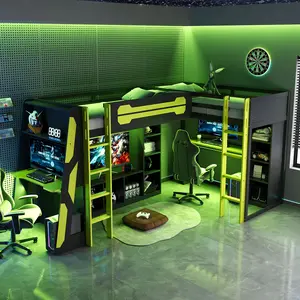 Wooden L-Shaped Double Play Bunk Bed for Dorm Room - Color Changing RGB LED Lighting, USB Ports, TV Stand, Storage Shelves, Adjustable Flippable Left-Right Layout, Assembly Required (Saves Space for Teens)