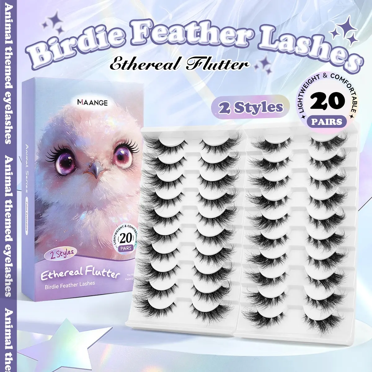 MAANGE 20 Pairs Birdie Feather Lashes, D Curl Wispy Flared False Eyelashes, 2 Styles Lightweight Comfortable Lash Set, Ethereal Flutter Effect, Reusable & Easy to Apply, TikTok Viral Animal Themed Lashes