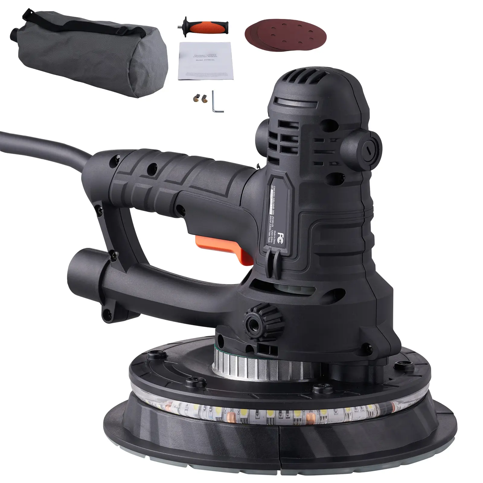 Drywall Sander, 800W Electric Sander with 12 Sanding Discs, Variable Speed 1200-2300 RPM Wall Sander with Automatic Vacuum Dust Collection System, Double LED Lights, Dust Bag, Detachable Edge
