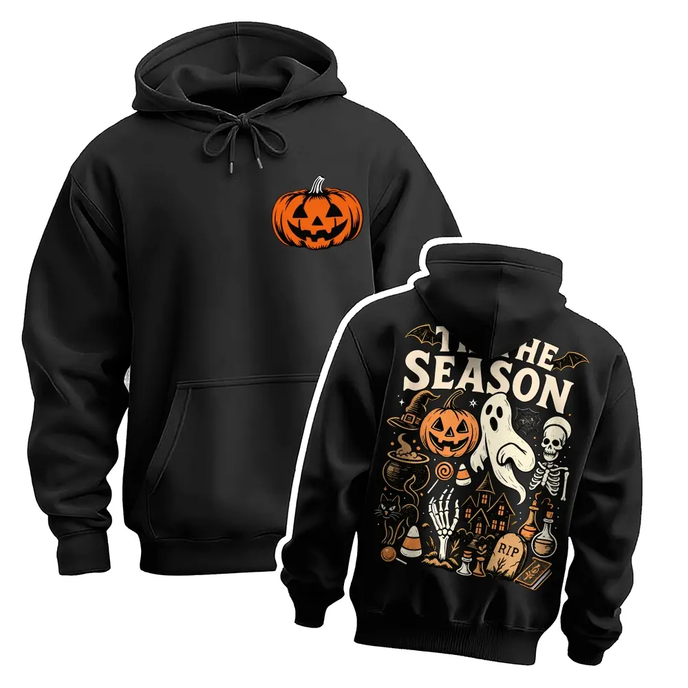 Halloween Spooky Season Graphic Hoodie, Pumpkin Ghost Skeleton Front and Back Print Pullover Sweatshirt, Vintage Horror Long Sleeve Streetwear Hoodie for Halloween Party, Fall and Daily Wear