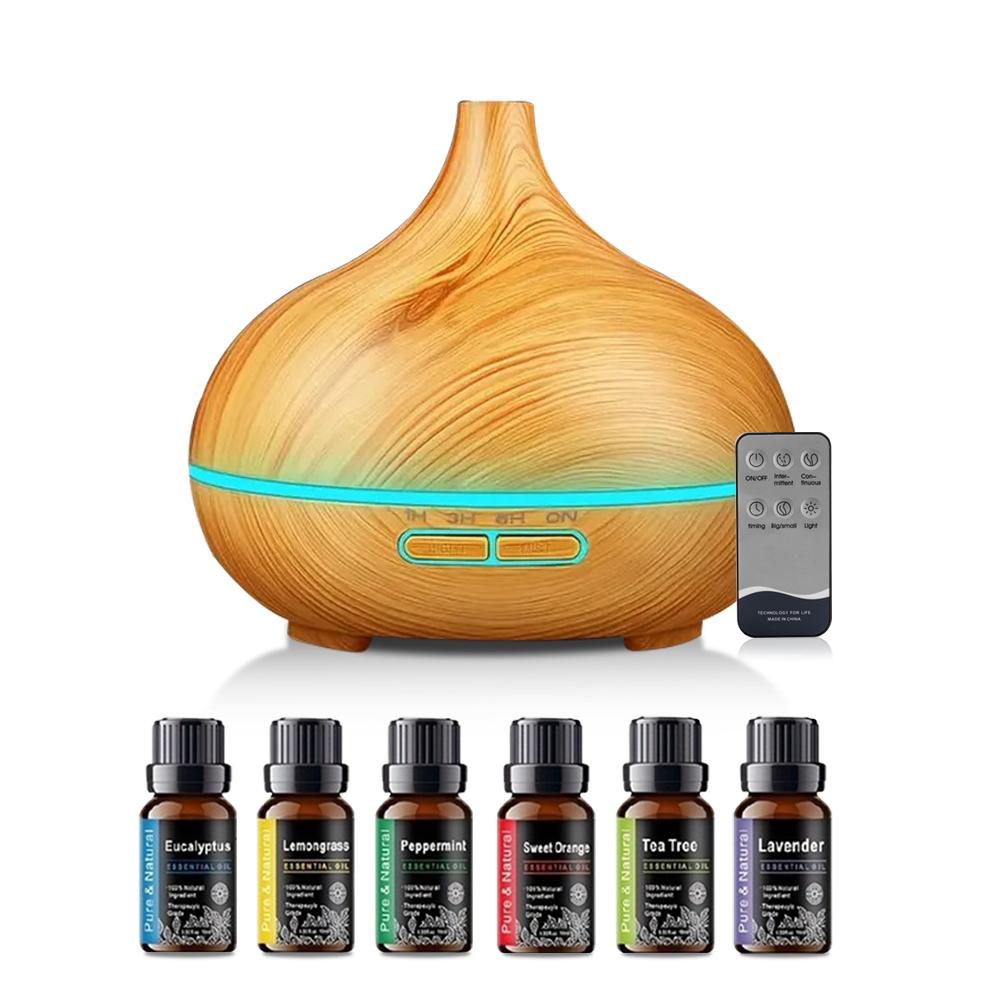 550ml Ultrasonic Aromatherapy Essential Oil Diffuser & Air Humidifier with Wood Grain Design, Remote Control, 7 Color LED Light, and 6 Oils – Perfect Aroma Diffuser and Air Purifier for Home Use
