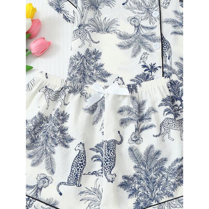 2pcs Soft Palm Tree & Giraffe Print Lapel Button Short Sleeve Top With Pocket And Bowknot Shorts Pajama Set, Women Loungewear For Home Wear, Spring & Summer Fabric Fit rave outfit 90s graphic tees office outfits women ibiza outfits women's summer outfits