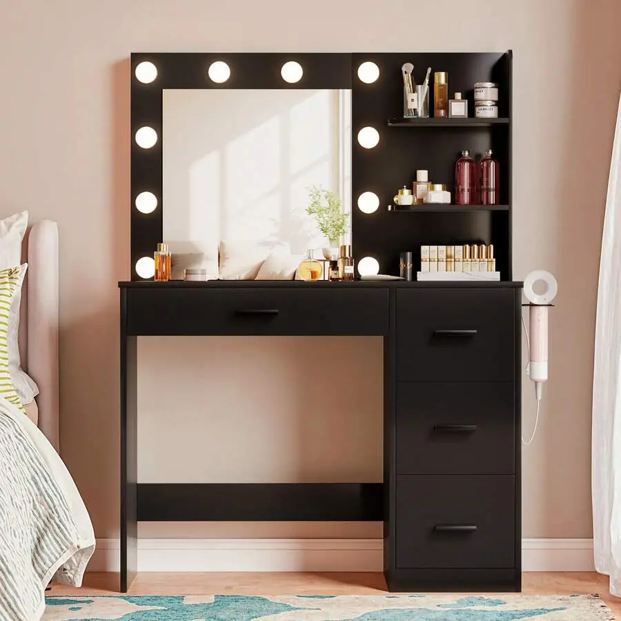 Makeup Vanity With Lights,Vanity Desk With Mirror And Power Outlet,Dresser Table With Drawers And Open Shelves