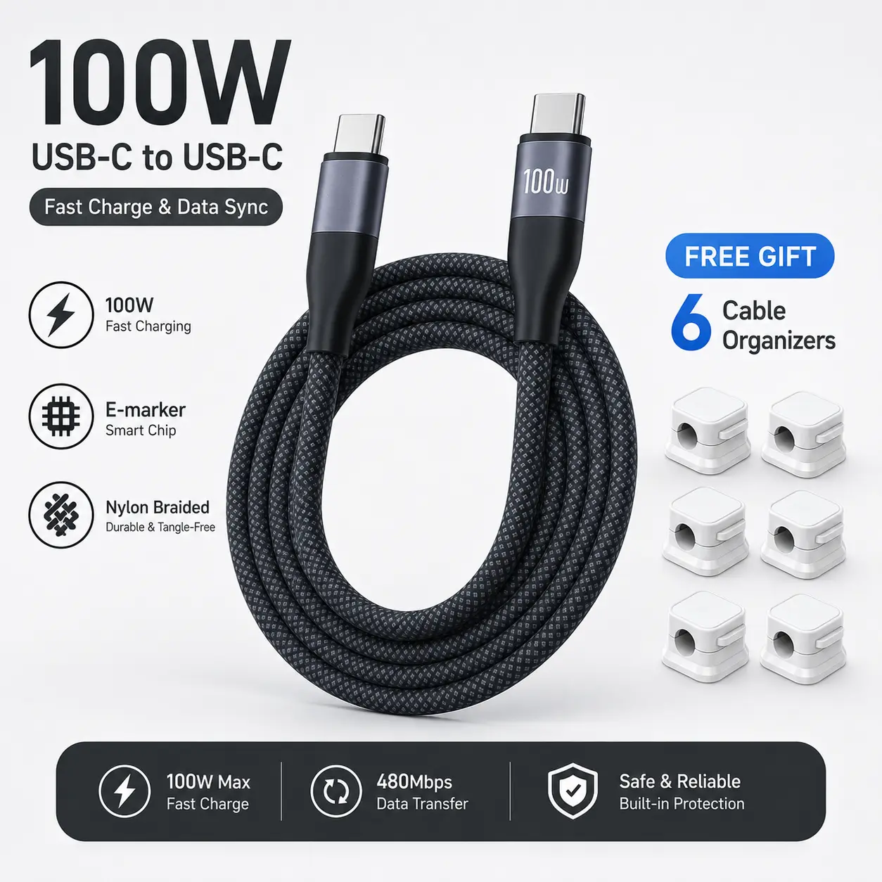 6Pcs Free Cable Management Clips with 1PC 100W Type C to Type C Charger Cable, E-Marker Chip PD Fast Charging Braided Cord for iPhone 17 16 15 Pro Max, MacBook Pro/Air, iPad Pro M4/Air M2, Samsung S26 S25, Switch