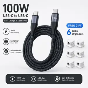 6Pcs Free Cable Management Clips with 1PC 100W Type C to Type C Charger Cable, E-Marker Chip PD Fast Charging Braided Cord for iPhone 17 16 15 Pro Max, MacBook Pro/Air, iPad Pro M4/Air M2, Samsung S26 S25, Switch