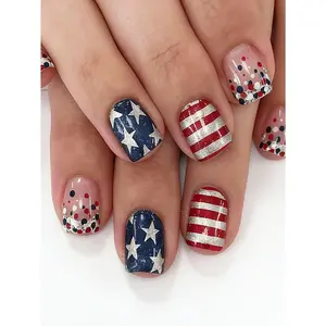 24pcs Short Square Press On Nails For Women Girls 4th Of July Nails Red White Blue Striped Silver Stars Patriotic Glitter French Tips Fake Nails With Glue Buffer Celebration