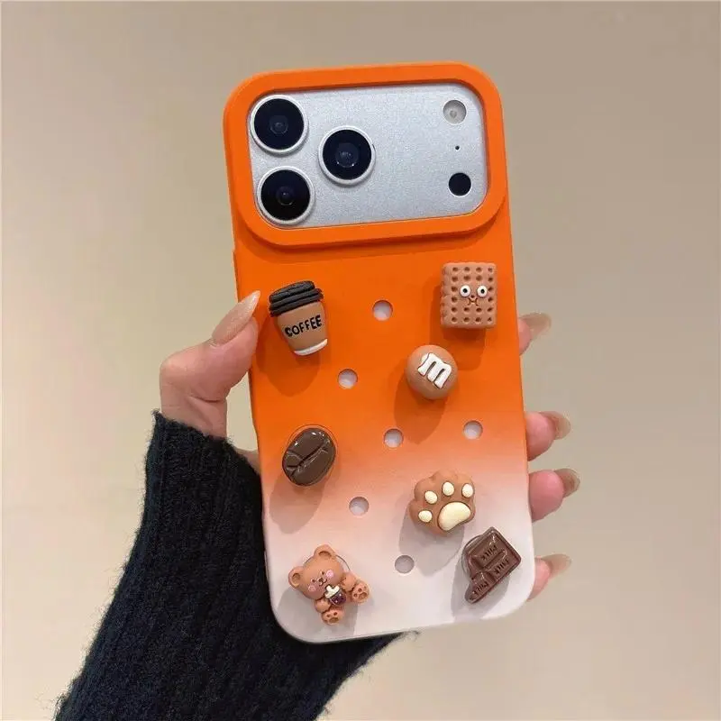 Ins DIY Soft For Crocs Charms Phone Case For iPhone 17 16 15 14 13 Pro Max 17 Pro 16 Pro Candy Color Cover With 3D Mini Slippers