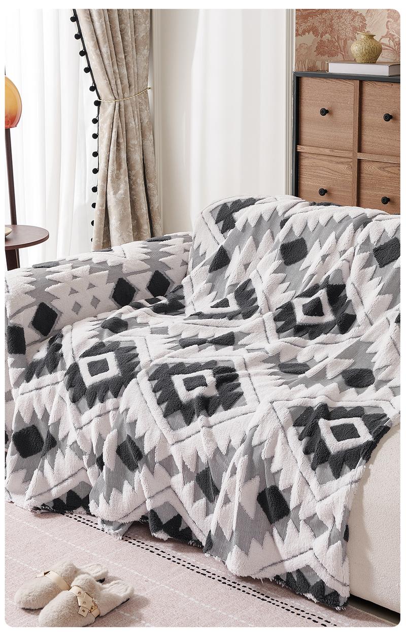Bohemian Plush Sofa Throw Blanket, Geometric Pattern Design, Pet-Friendly, All-Season Use, Home Decor, Sofa Couch Covers, Sofa Slipcover