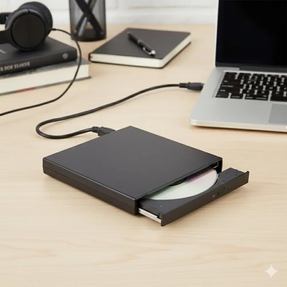 Portable External CD/DVD RW Burner Drive with USB Cable for Laptop Desktop Windows MacOS | Plug Play Disc Reader Writer | Compatible with PC Mac Computer Lightweight Design