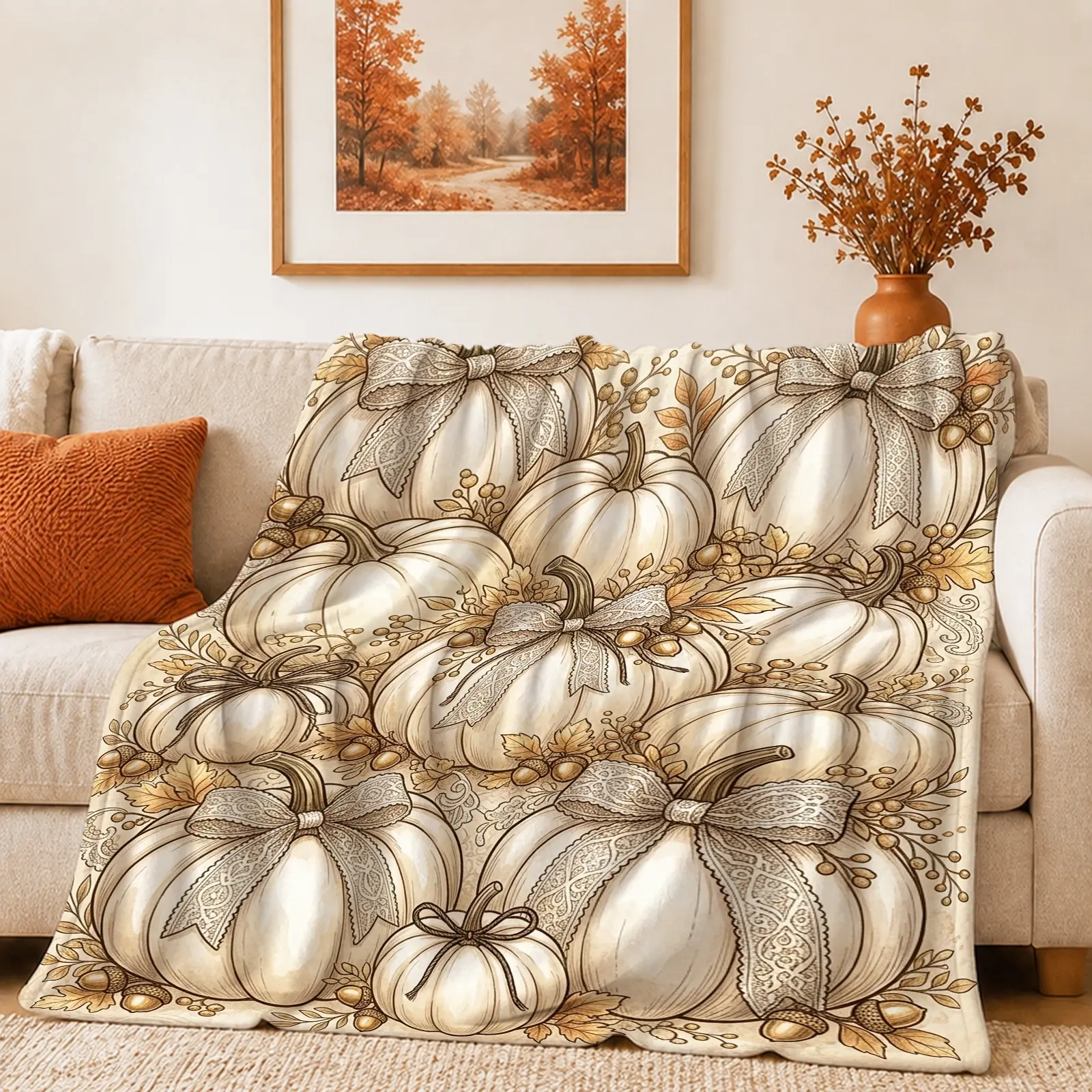 1pc White Pumpkin Floral Blanket, Vintage Rustic Style, Elegant Bow and Leaf Details with Warm Tones, for Sofa Living Room Fall Decor and Thanksgiving Gift