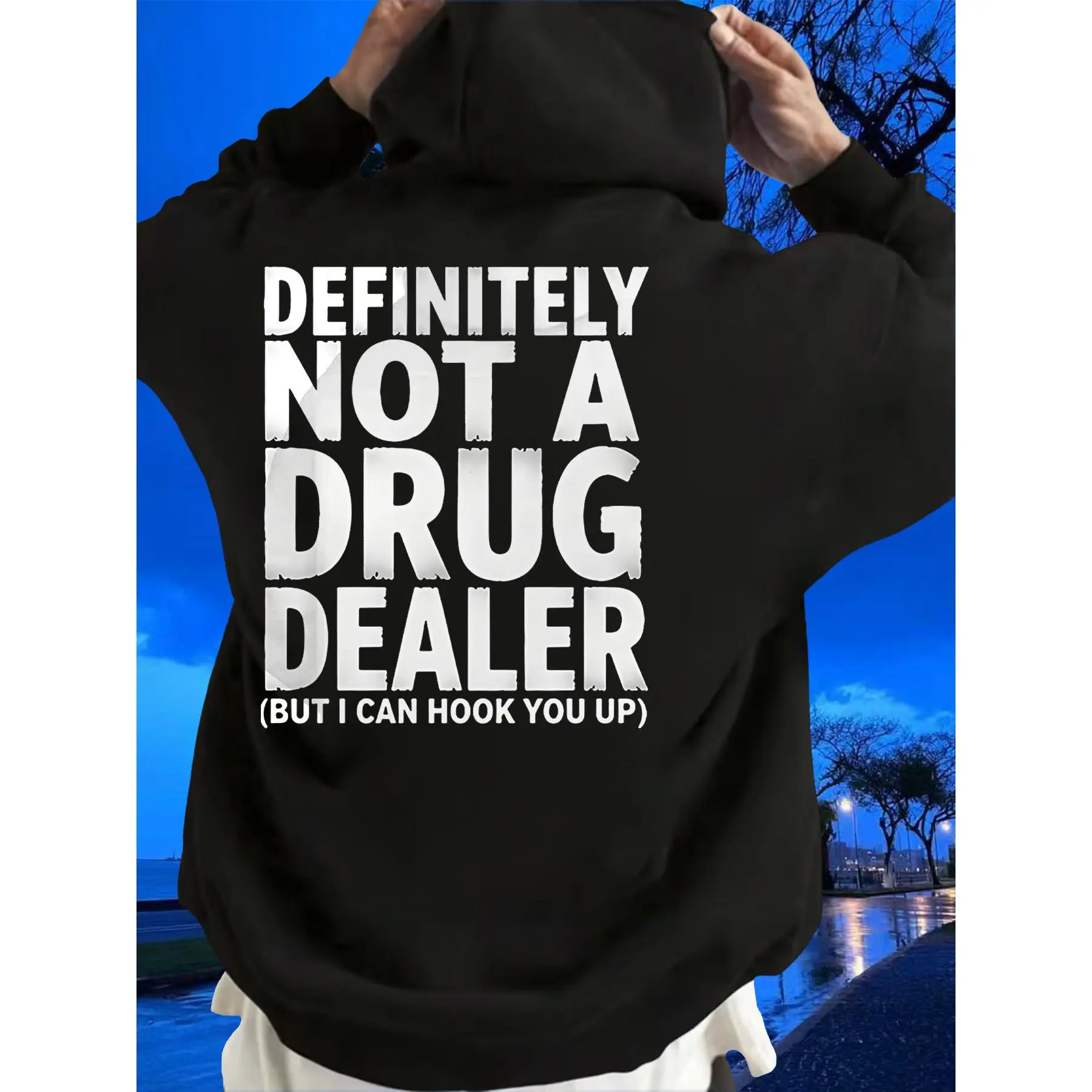 Men's Funny Slogan Hoodie "I'm Not a Drug Dealer" Loose Fit Machine Washable Autumn/Winter Pullover with Cartoon Character Design Long Sleeve