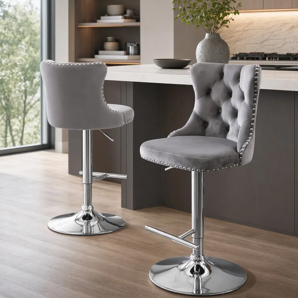 Velvet Upholstered Bar Stools Set of 2, Adjustable 25-33in Height, 360° Swivel, Chrome Base, Tufted Gray Chairs for Kitchen Island