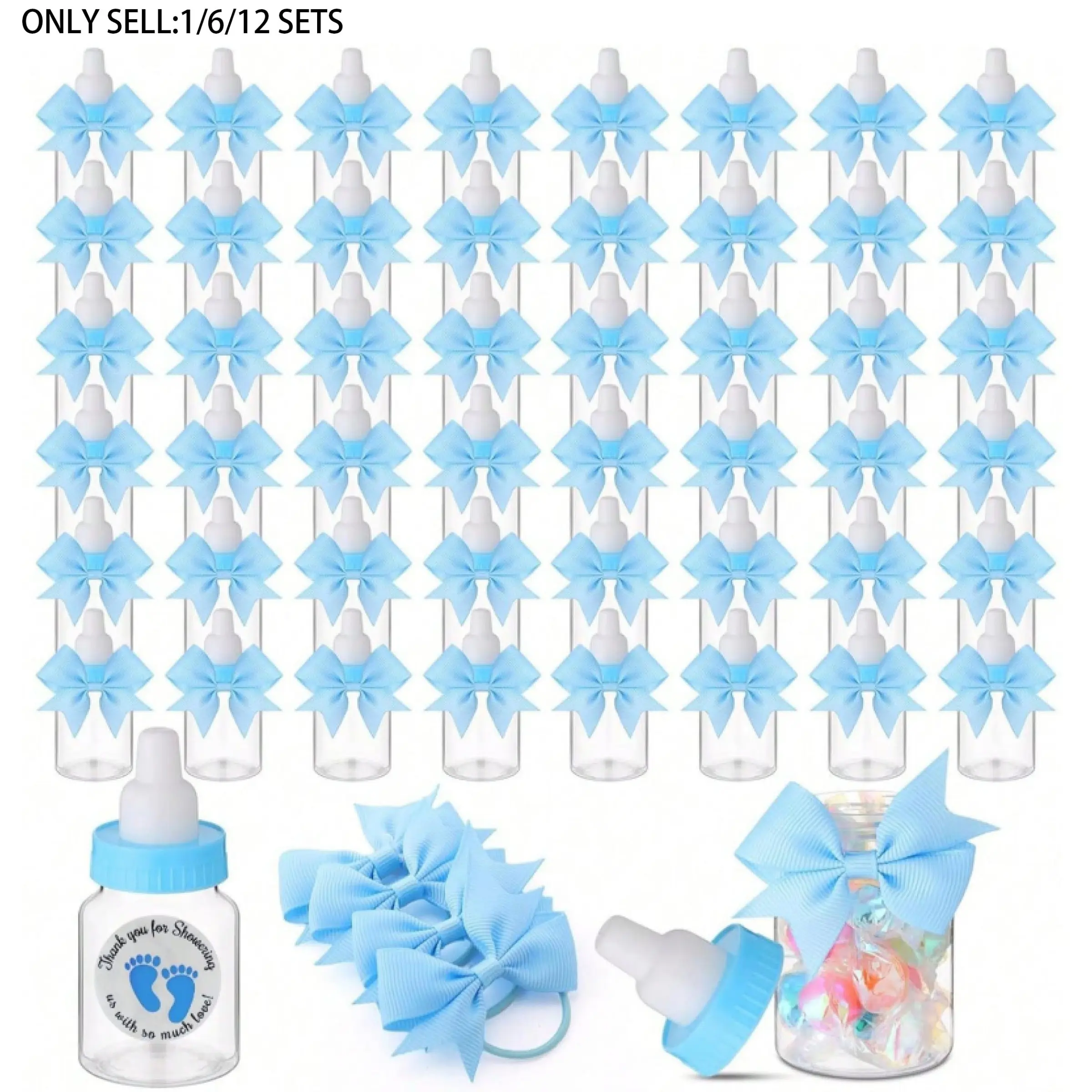 Blue Mini Baby Bottles Set, Perfect for Baby Shower Party Favor Packs Assortment, Includes Thank You Stickers & Bows, Ideal Candy Decorations for Boys Guests, Party Gifts