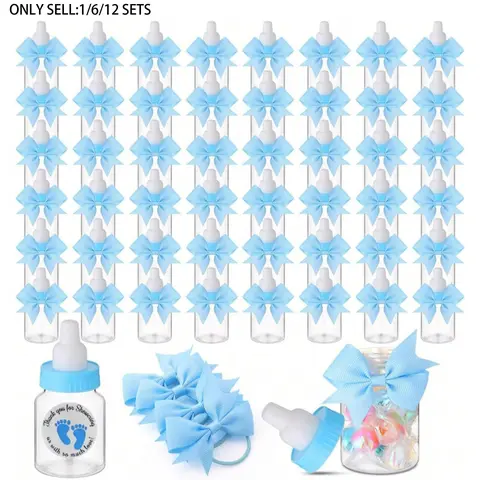 Blue Mini Baby Bottles Set, Perfect for Baby Shower Party Favor Packs Assortment, Includes Thank You Stickers & Bows, Ideal Candy Decorations for Boys Guests, Party Gifts