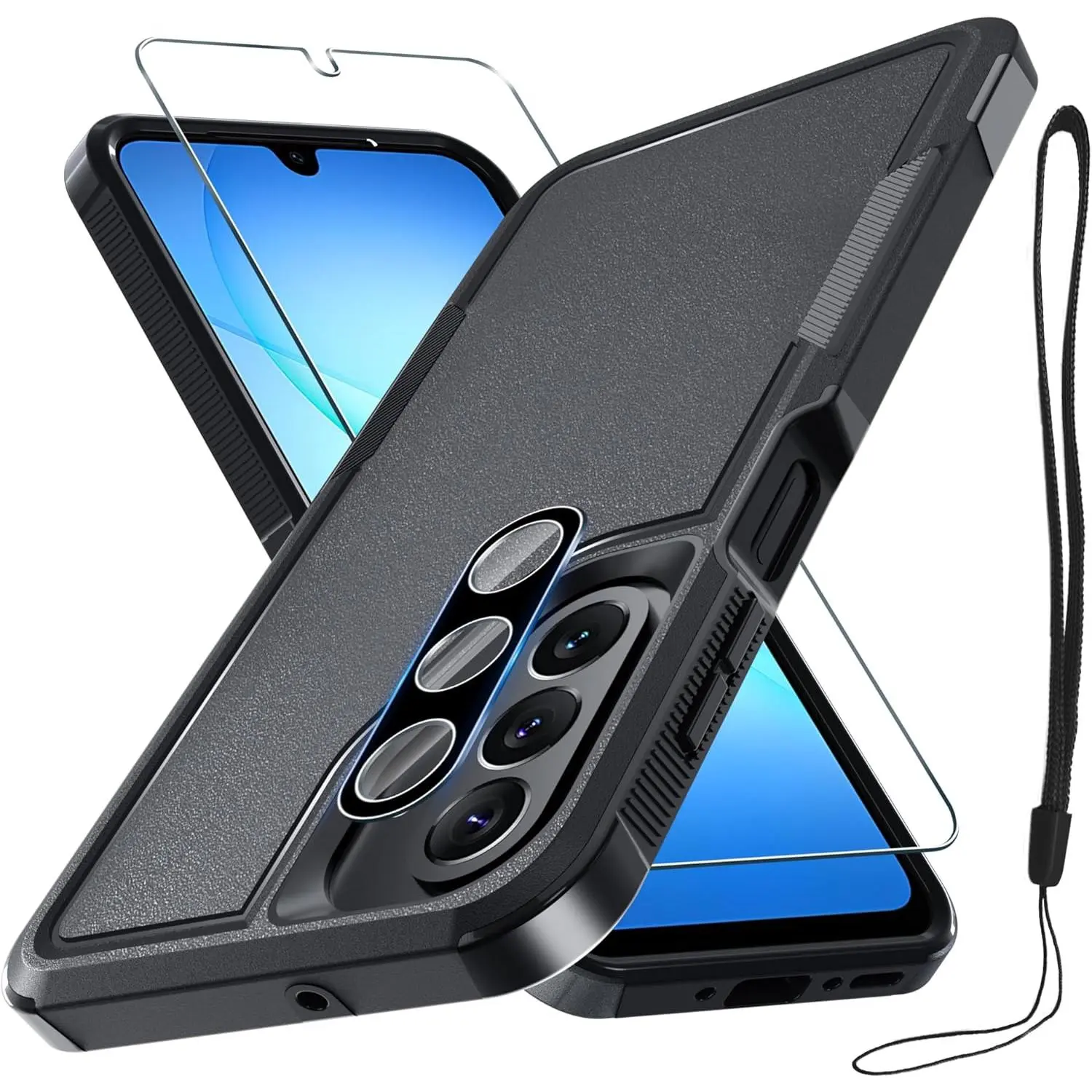 RMOCR Case for Samsung Galaxy A17 5G Phone Cover with Screen Protector+Camera Lens Cover,Military Grade Heavy Duty Shockproof PhoneCase with Wrist Lanyard Strap for Sam A17,Black Matte