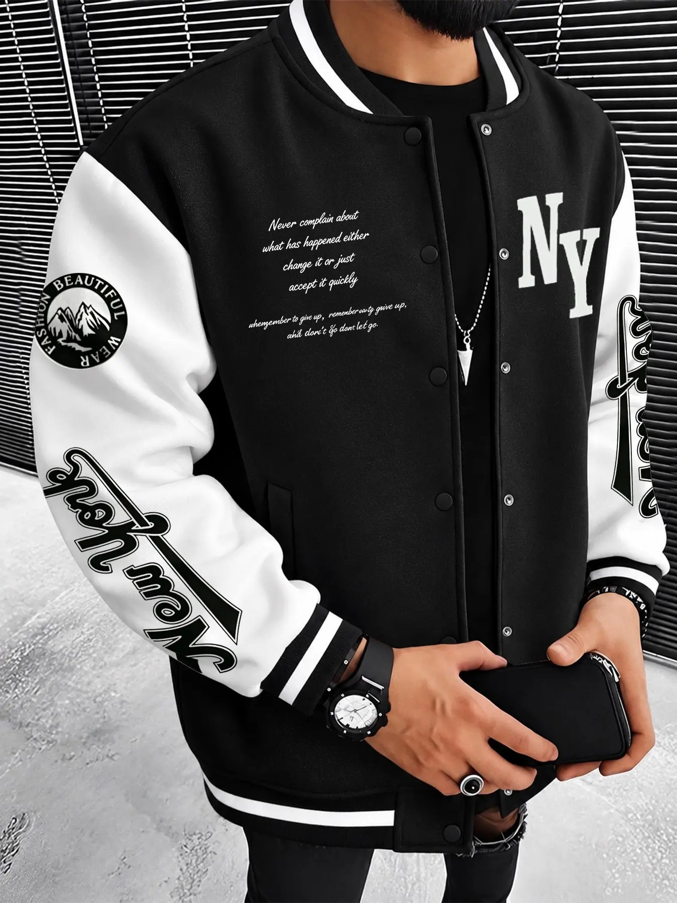 Men's Fall Winter Classic Baseball Jacket, La Letter Print, Zipper Closure, Loose Fit, Thick Fabric, Street Style, Casual Wear