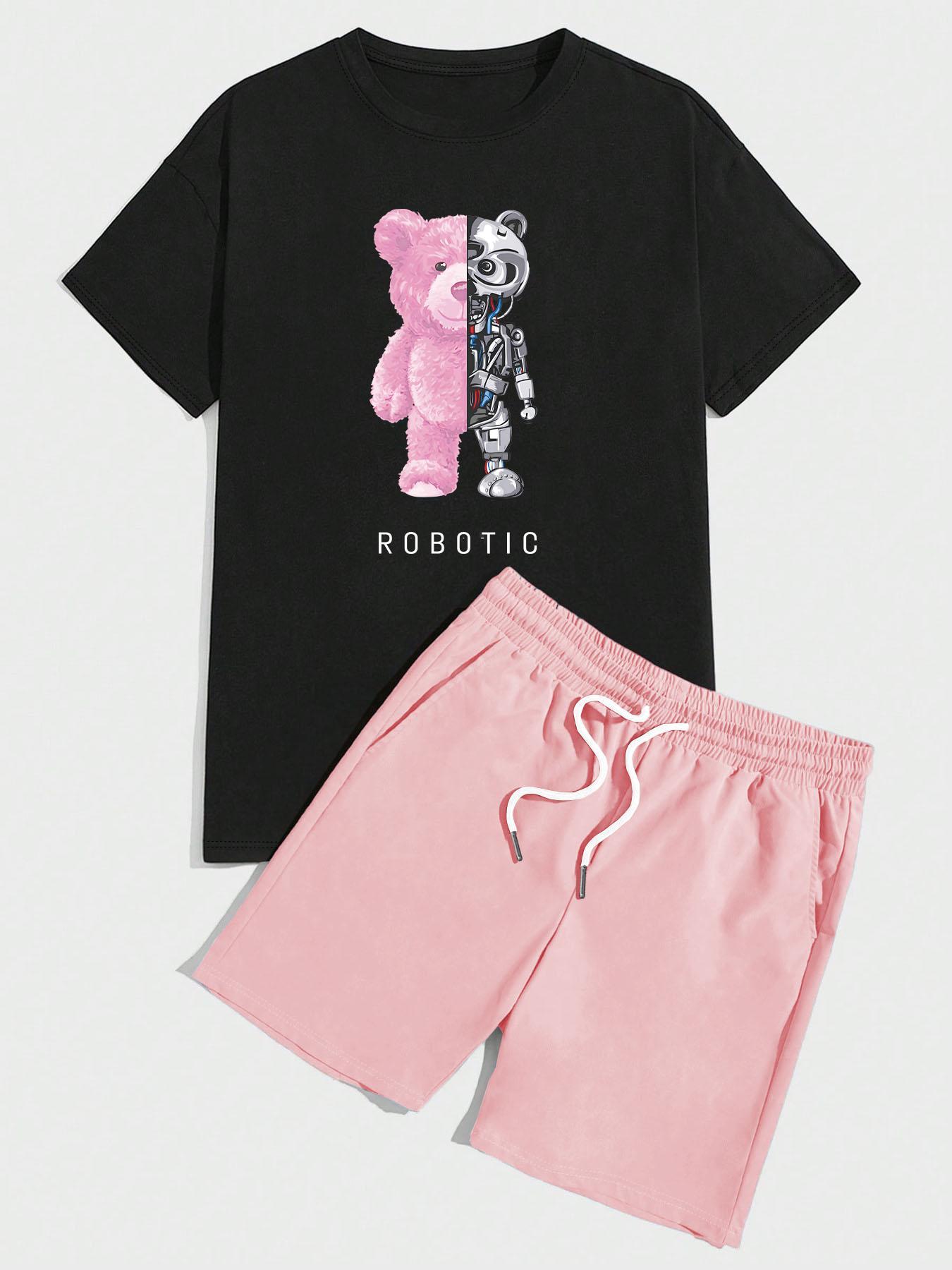 Two-piece Set Men's Bear Print Short Sleeve Tee & Shorts, Regular Fit Casual Round Neck T-shirt & Shorts, Men's Summer Clothes for Daily Wear, Loungewear, Shorts Pajama Set