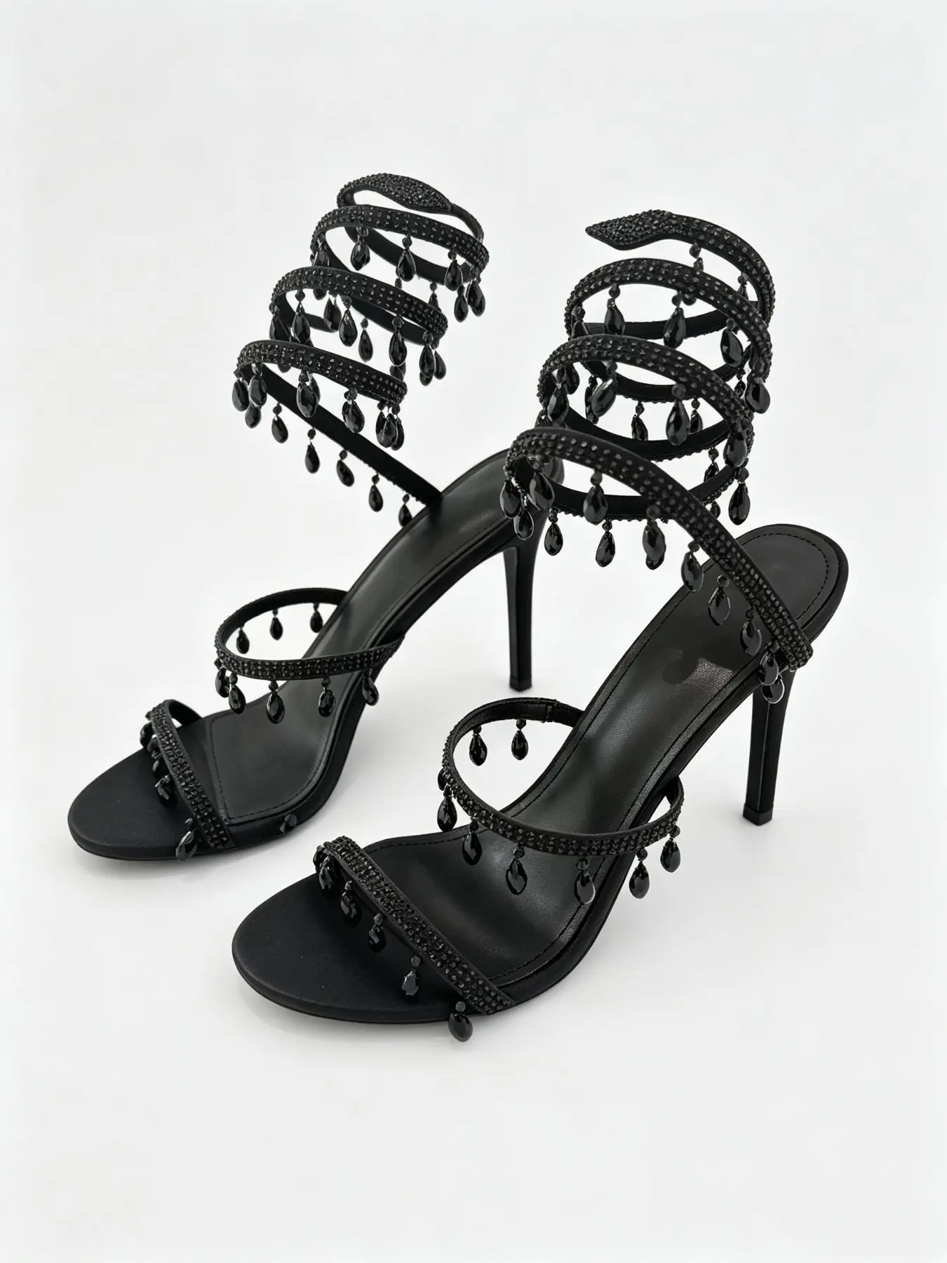 10CM (3.9") Black Rhinestone Teardrop Spiral Ankle Stiletto Embellished Sandals Women Evening Party Dress Shoes