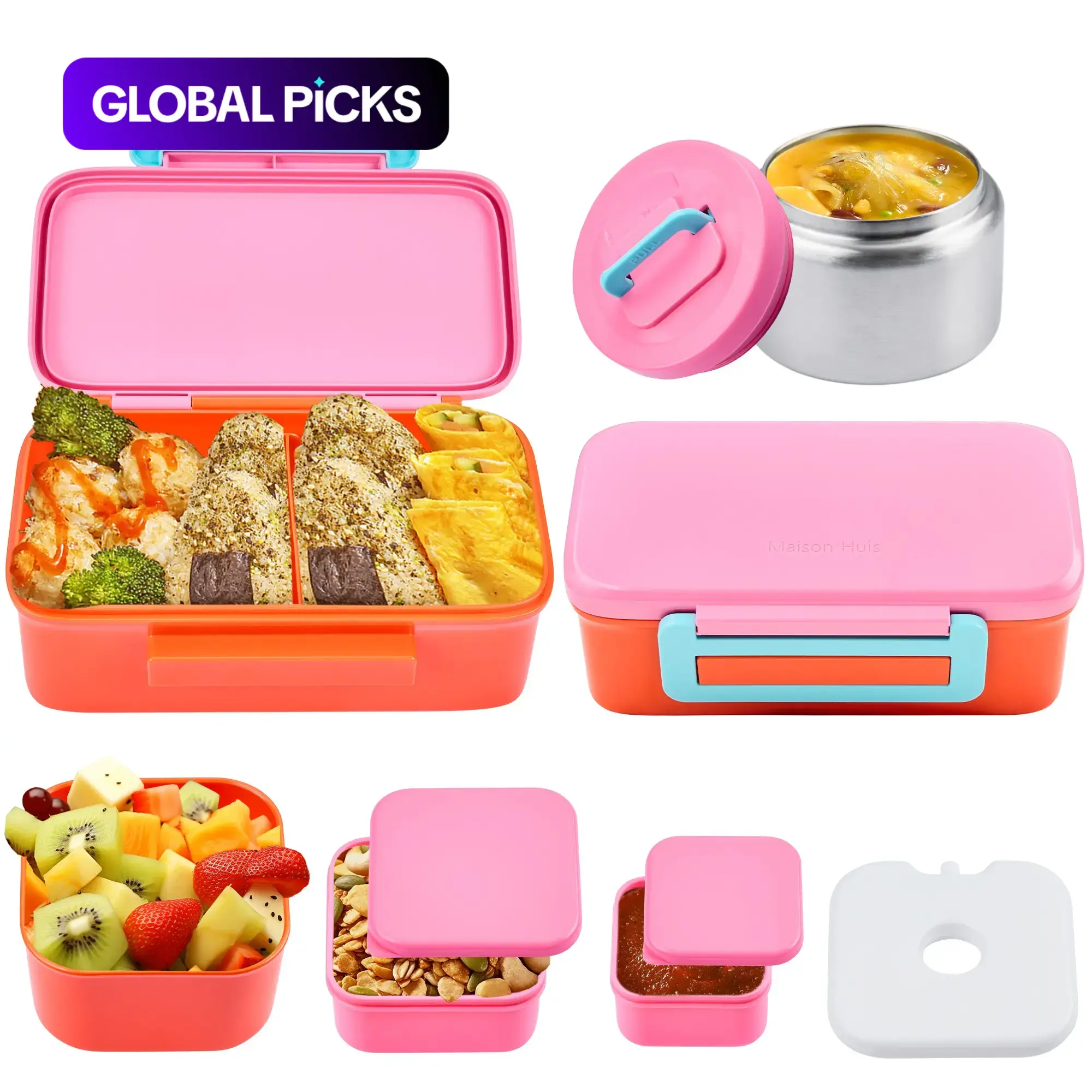 Horizontal Narrow Single Person Lunch Box with 8oz Soup Bowl, Sauce Jar, Four Color Options, Convenient Meal Solution #GLOBAL PICKS