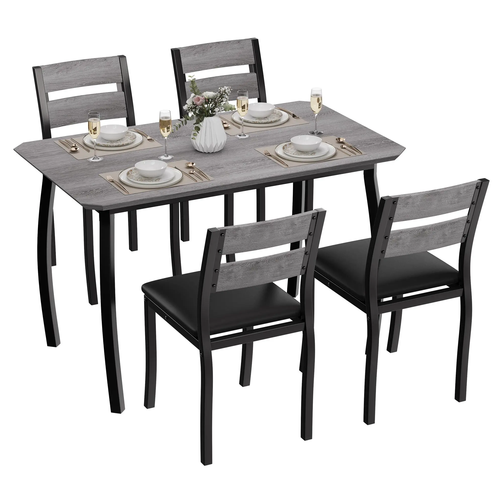 GAOMON 5-Piece Dining Table Set of 4, Modern Small Space Indoor Kitchen Nook Furniture, Corner Cut Table, 4 PU-Cushioned Chairs, Metal Frame, Easy Assembly, Grey/Black