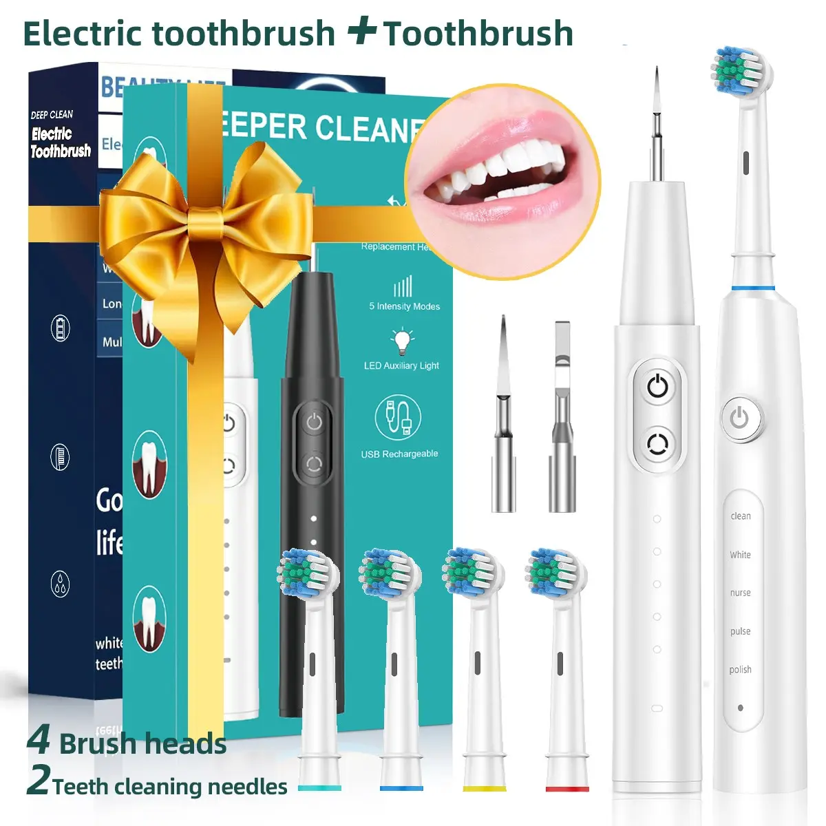 Rotary Electric Toothbrush Set, USB Rechargeable, Multi-Mode Cleaning, 4 Replacement Heads, 2 Flossers, Deep Oral Care, Gift Idea