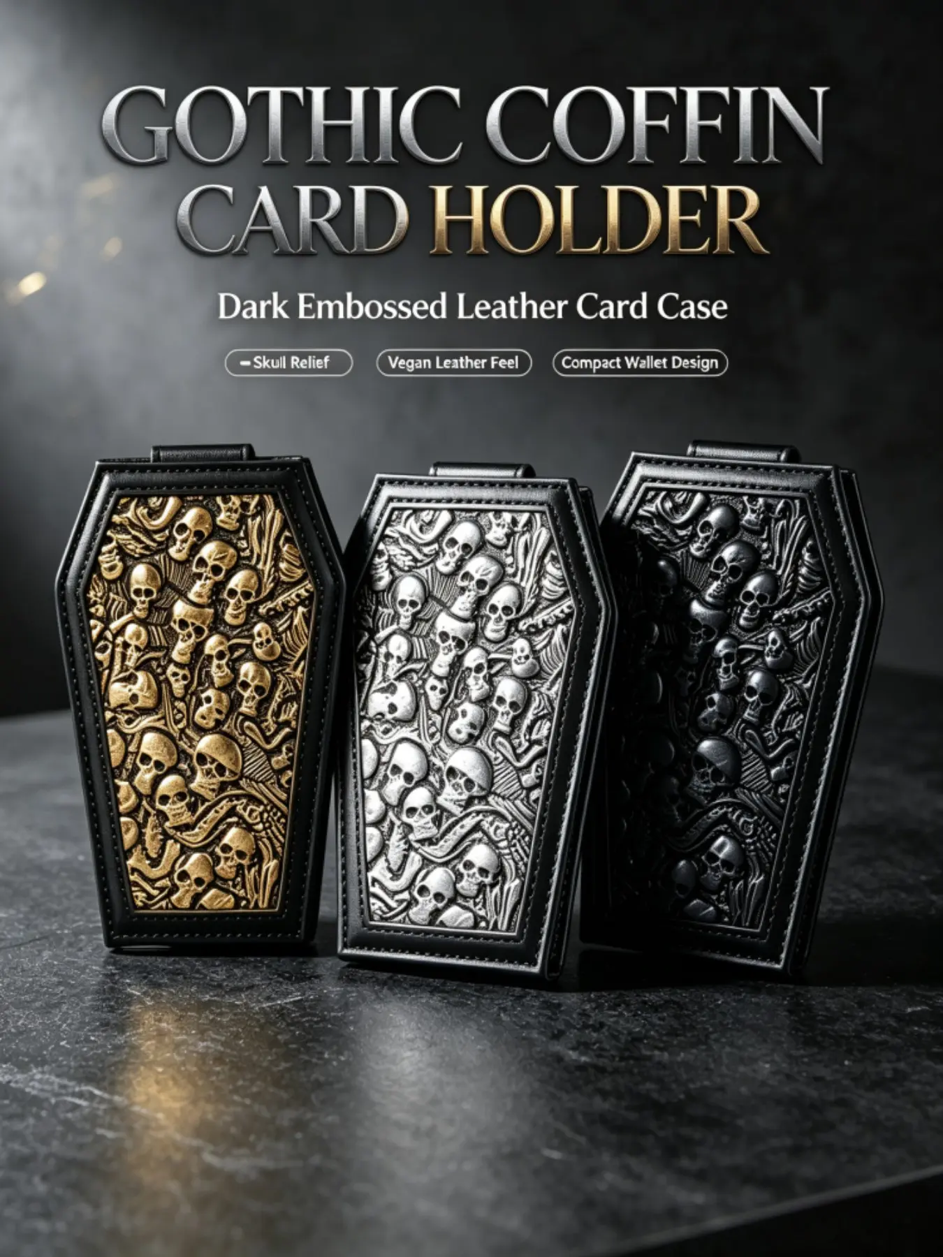 Gothic Coffin Skull Card Holder, Themed Cardholder, Embossed PU Leather Portable Card Case, Dark Punk Wallet, Halloween Gift, Unique Fashion Accessory