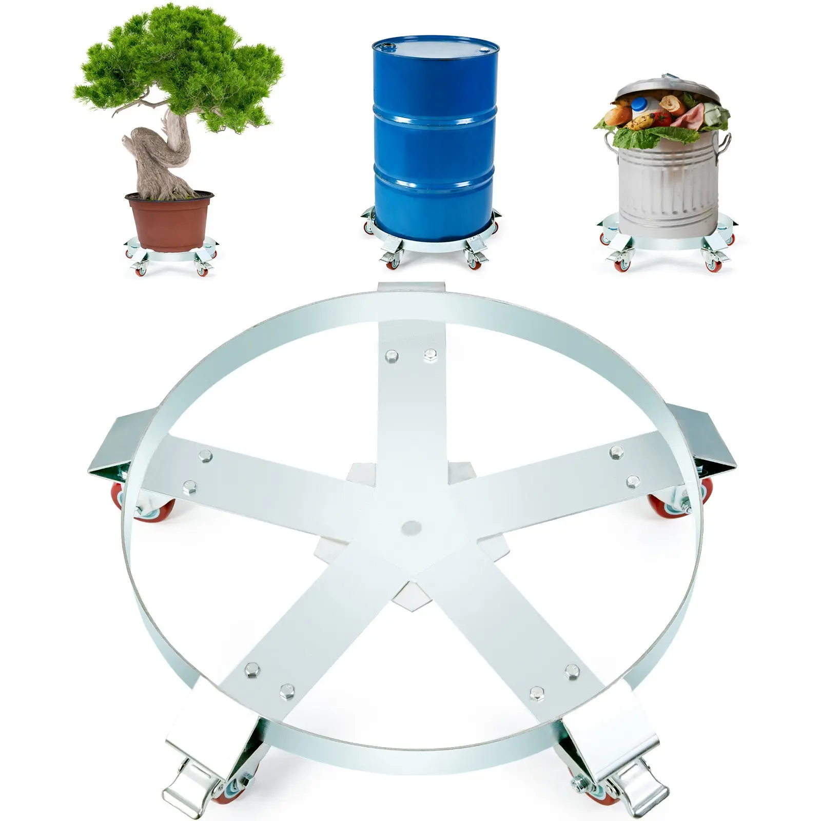 【Summerfinds】VEVOR 55 Gal Carbon Steel Heavy Duty Drum Dolly, 1250lbs Load Capacity, Drum Transport Cart Caddy with 5 Swivel Casters Wheels + Screws, Non-Tipping Hand Truck for Warehouse Handling, Hex Nuts