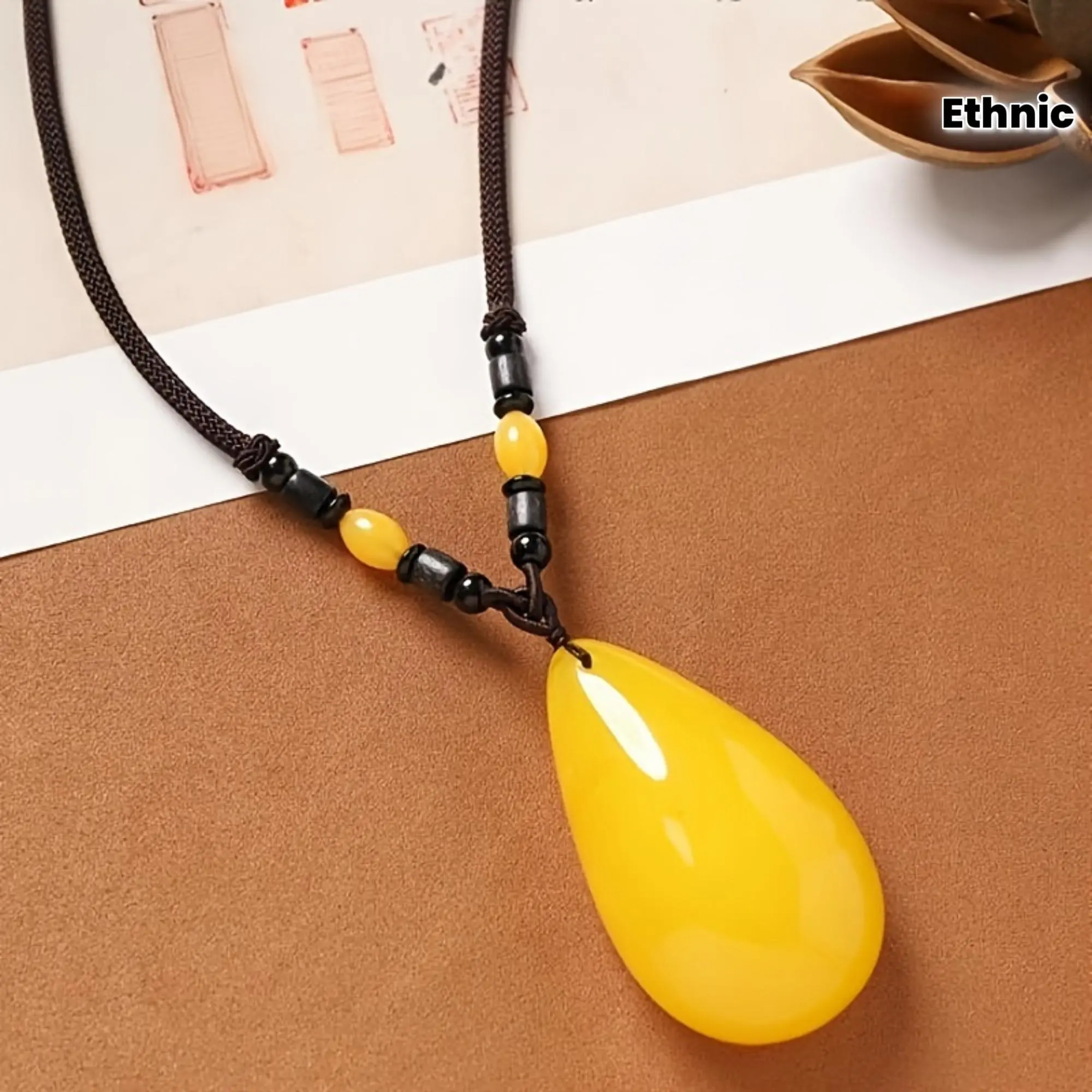 [Amber Pendant Necklace] Vintage Ethnic Style Second-Generation Amber Wax Chicken Yellow Teardrop Pendant Necklace for Women - Long Sweater Chain Unisex Accessory